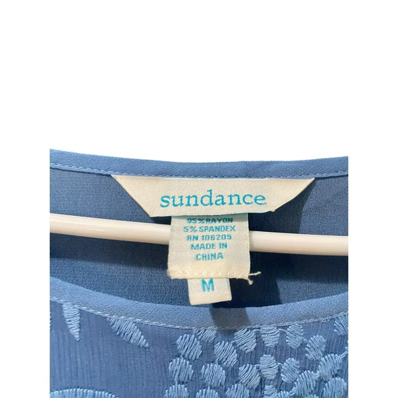 SUNDANCE Blue Embroidered Silk Short Sleeve Sheer Overlay Blouse Top Size Medium - Picture 2 of 3